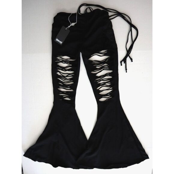 Dolls Kill Darker Wavs Women's Sz Small Black Echo V-Cut Cut-Out Bell Bottoms - Picture 1 of 12